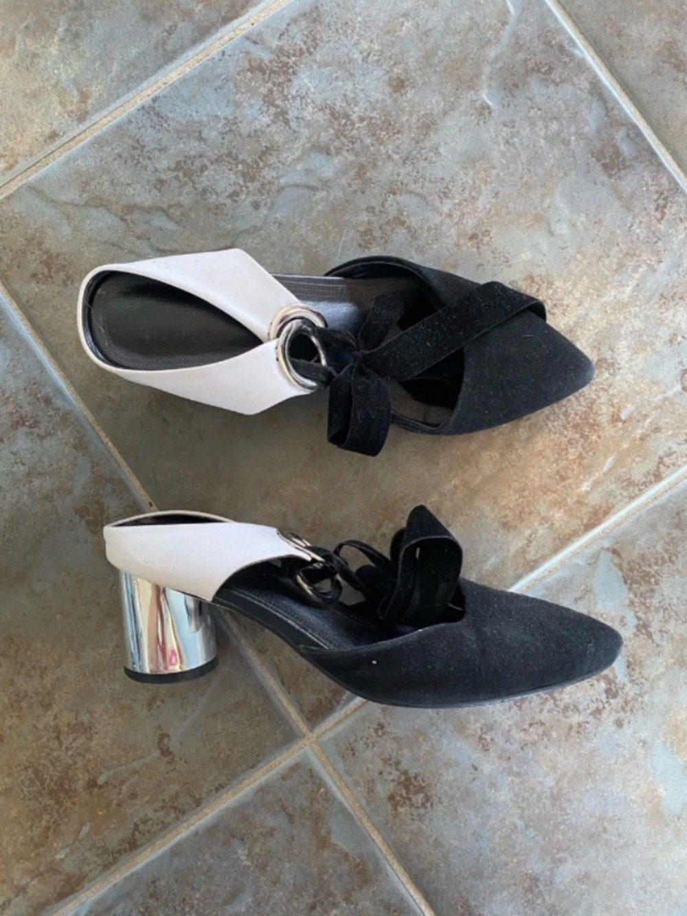 Black and White Ribbon Block Kitten Heel